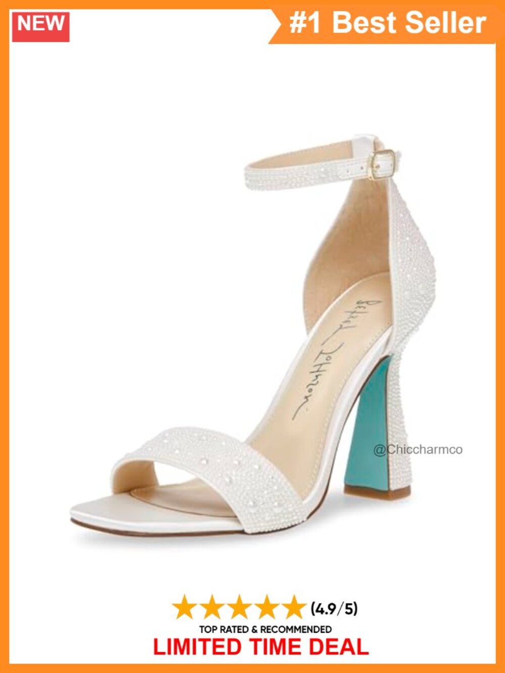 Embellished Square Toe Heeled Sandals Adjustable Ankle Strap 3.75" Flare Heel